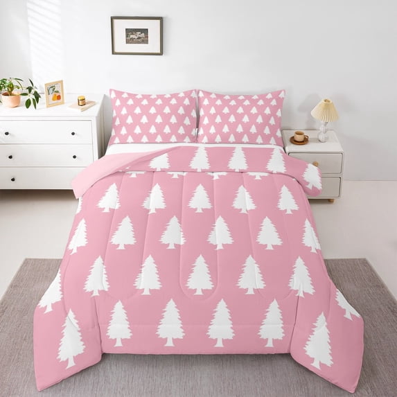 jejeloiu Cartoon Pine Tree Queen Comforter Set,Merry Christmas Bedding Sets,White Pink Bedding Comforter Set For Girl Boys,Microfiber Bedroom Decor Reversible,3-Piece