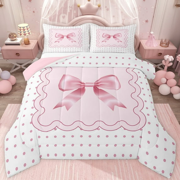 jejeloiu Cartoon Polka Dots Twin Comforter Sets,Pink Bowtie Bow Bedding Set For Girl Reversible 2 Pieces
