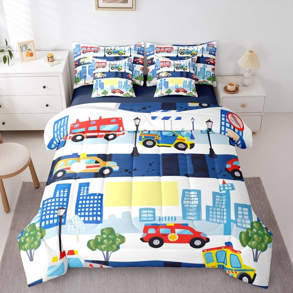 jejeloiu Cartoon Poloce Car Bedding Comforter Set 7-Piece,Equipment Vehicle King Bedding Sets,Moderb City Bed Sheets For Teens,Luxury Bedroom Decor Reversible