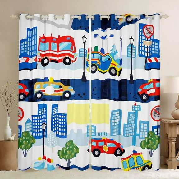 jejeloiu Cartoon Poloce Car Black Out Curtains,Equipment Vehicle Curtains Pack of 2 (42x63 Each),Moderb City Bedroom Curtains For Teens,Luxury Bedroom Decor