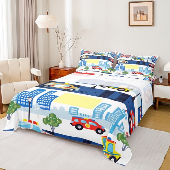 jejeloiu Cartoon Poloce Car Twin Sheet Sets,Equipment Vehicle Twin Fitted Sheet,Moderb City Flat Sheet For Teens,Luxury Bedroom Decor,3 Pieces