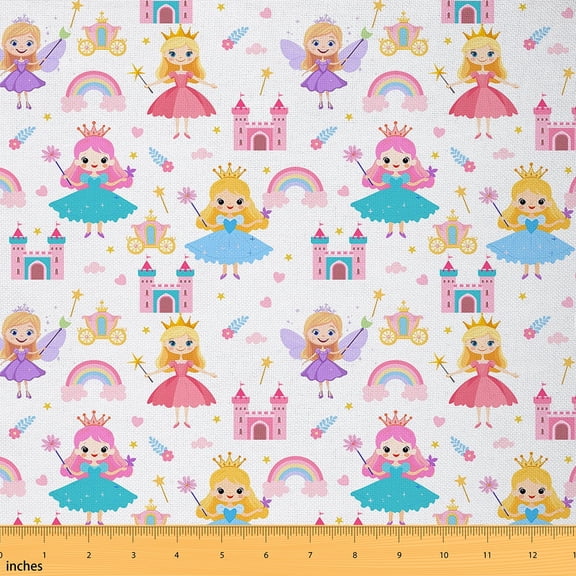 jejeloiu Cartoon Princess Fabric by the Yard 2 Yards,Fairy Tale Theme Room Decor Fabric by the Yard,Colorful Rainbow Castle Fabric for Sewing For Girl Child,Luxury Bedroom Decor