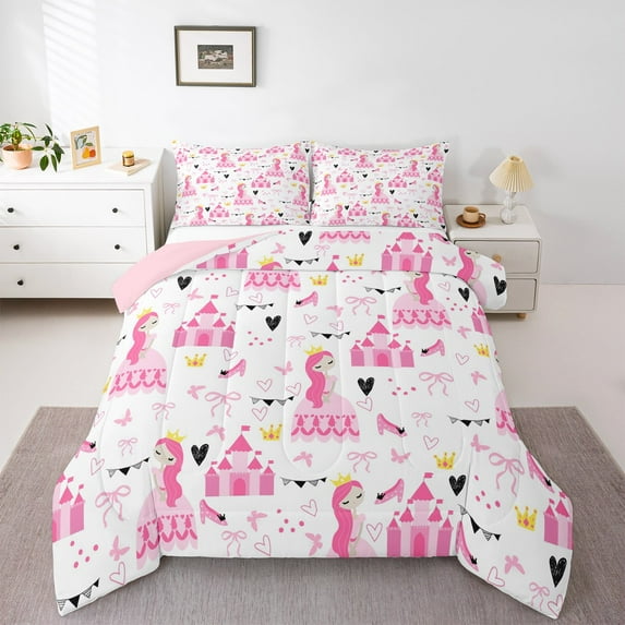 jejeloiu Cartoon Princess Queen Comforter Set,Girls Castle Bedding Sets,Kawaii Bowtie Bowknot Bedding Comforter Set,Lightweight Room Decoration Reversible,3pcs