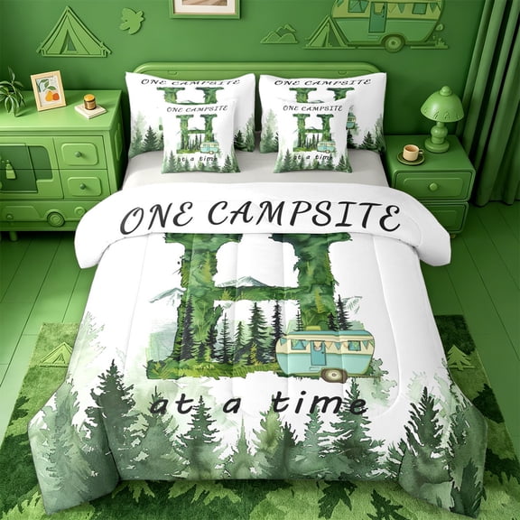 jejeloiu Cartoon RV Rustic Country Style 7-Piece Twin Bedding Sets For Boys,Monogram Letter H Print Bedding Comforter Set For Kids,Light Gray Reversible