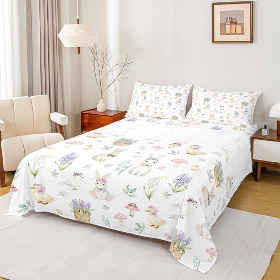 jejeloiu Cartoon Rabbit Bed Sheets,Colorful Flowers Mushroom King Sheets For Girls Boys 4pcs