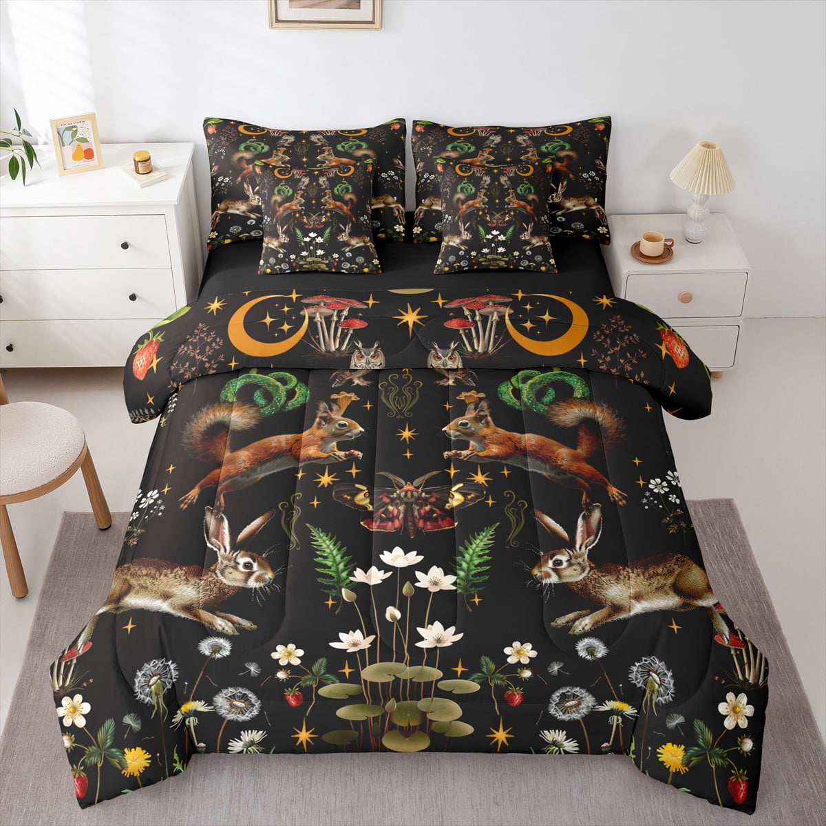 jejeloiu Cartoon Rabbit Bedding Comforter Set 7pcs,Gothic Moth Mushroom ...