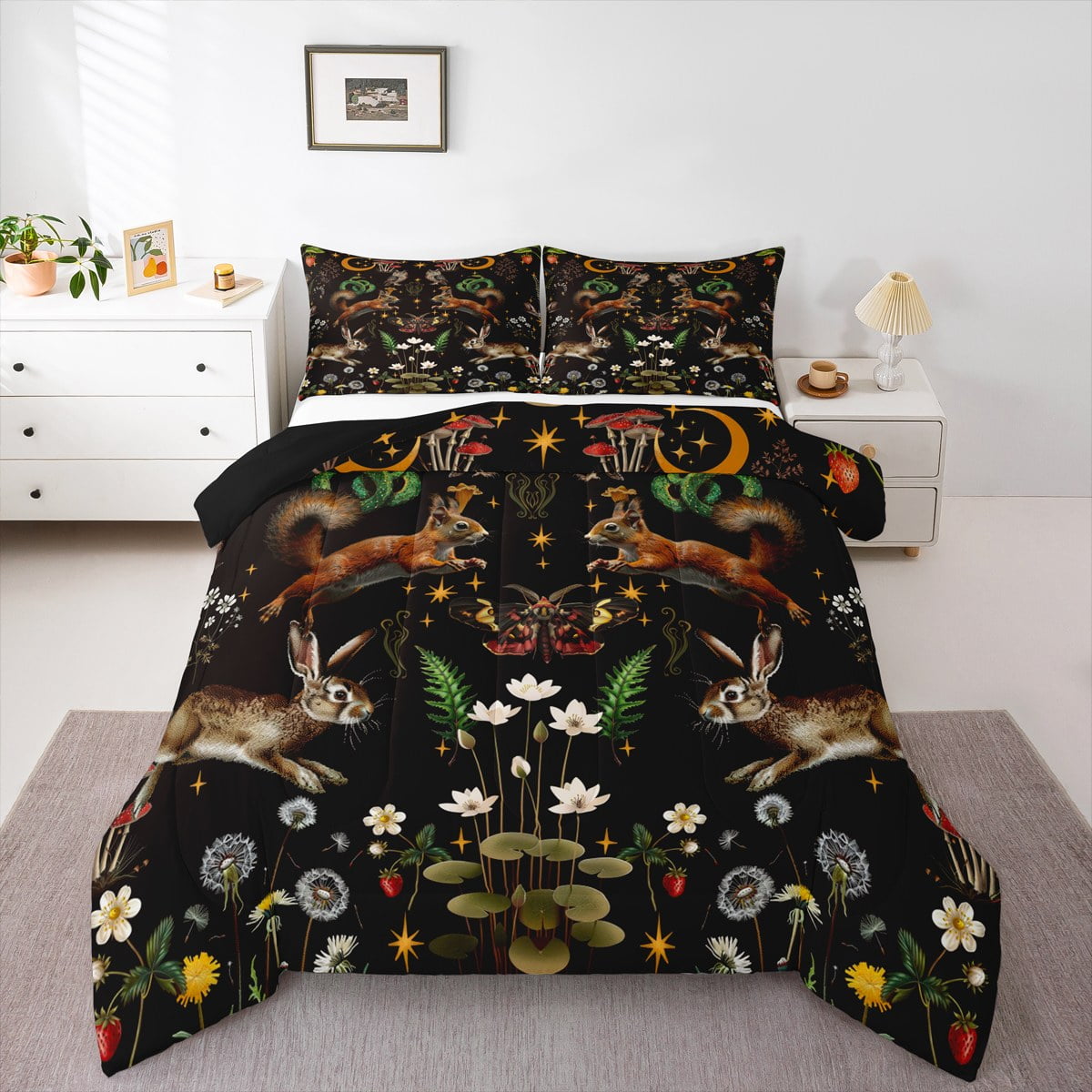 jejeloiu Cartoon Rabbit Full Size Comforter Sets,Gothic Moth Mushroom ...