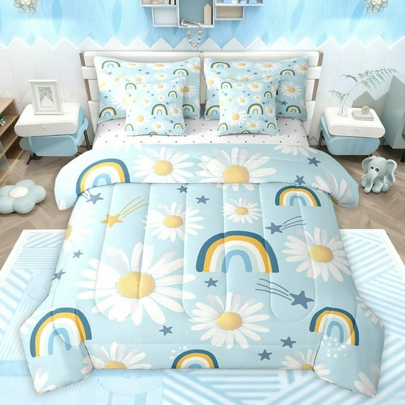 jejeloiu Cartoon Rainbow 7pcs Bedding Comforter Set,Cute Daisy Flower Queen Bedding Sets,White Blue Queen Sheet Sets For Girls Kids,Microfiber Bedroom Decor Reversible