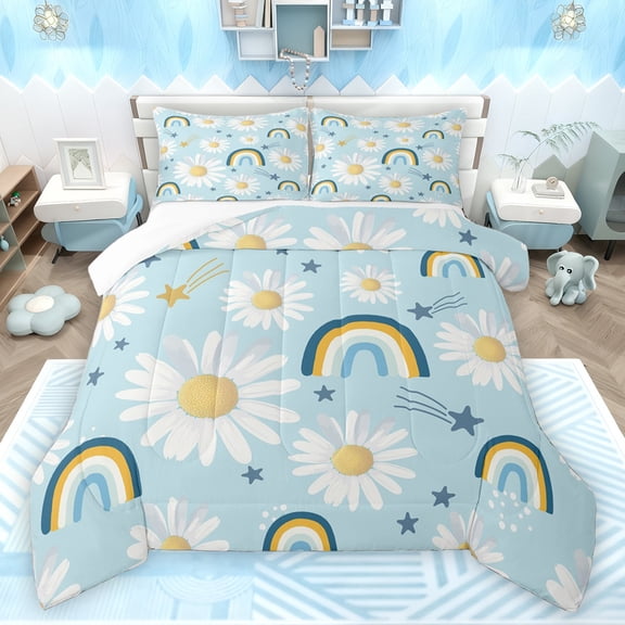 jejeloiu Cartoon Rainbow Full Size Comforter Sets,Cute Daisy Flower Bedding Comforter Set,White Blue Bedding Sets For Girls Kids,Microfiber Bedroom Decor,3 Pieces