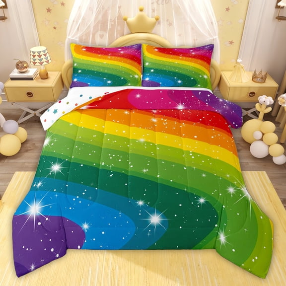 jejeloiu Cartoon Rainbow Lines Queen Comforter Set,Galaxy Starry Sky Bedding Comforter Set For Girls Kids Reversible 3-Piece