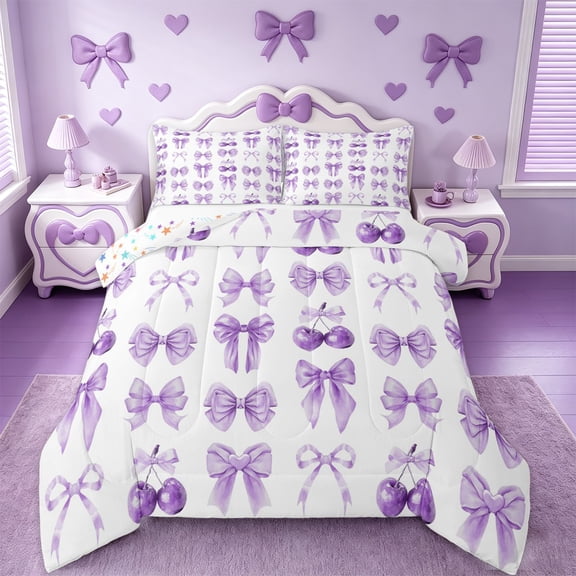 jejeloiu Cartoon Ribbon Bows Twin Comforter Sets,Purple Fruit Cherries Bedding Set For Bowknot Girl Reversible 2-Piece