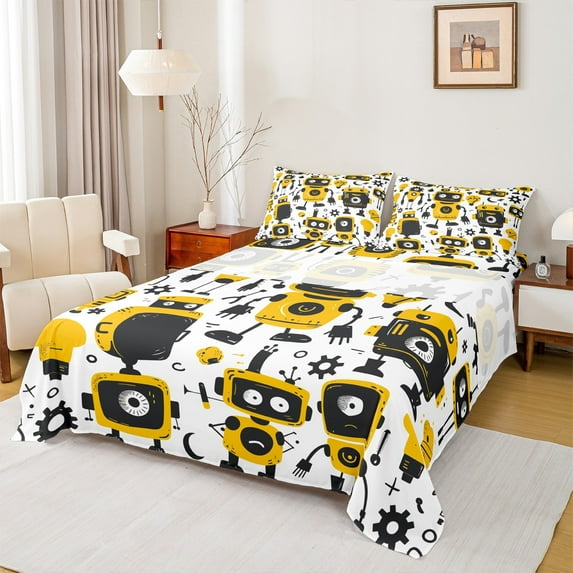 jejeloiu Cartoon Robat Twin Sheet Sets,Intelligent Equipment Twin Fitted Sheet,Yellow Black White Flat Sheet For Boys Kids,Luxury Bedroom Decor,3-Piece