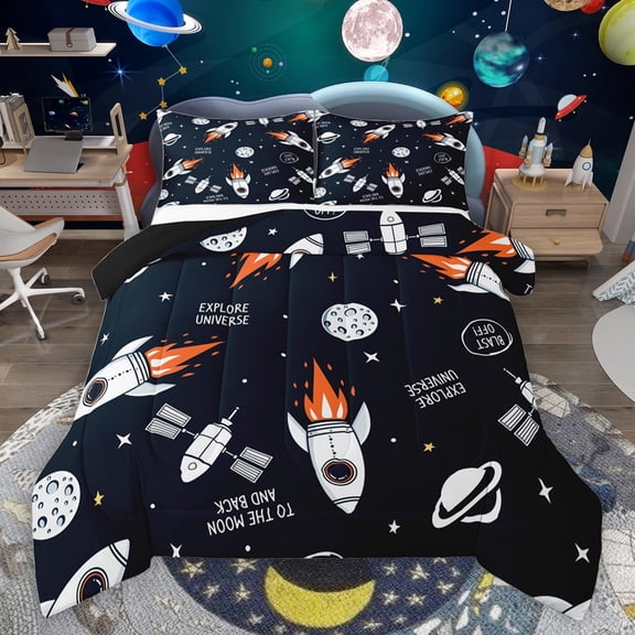 jejeloiu Cartoon Rocket Bedding Comforter Set,Galaxy Universe Twin Comforter Sets,White Black Bedding Set For Boys,Luxury Bedroom Decor Reversible,2 Pieces