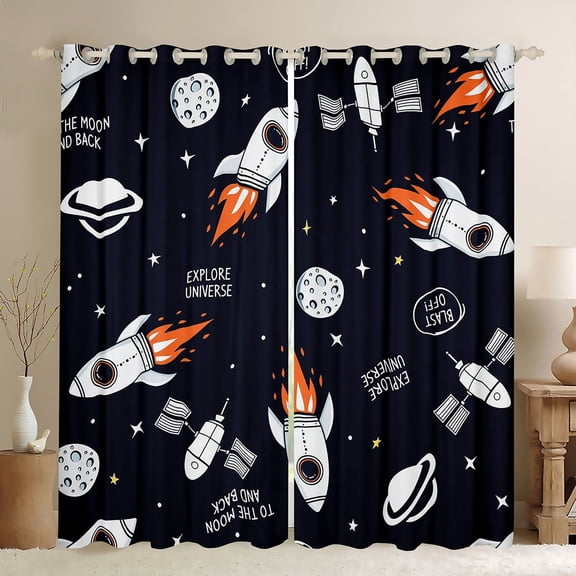 jejeloiu Cartoon Rocket Blackout Curtains Set of 2 (52x84 Each),Galaxy Universe Window Curtains,White Black Curtains and Drapes For Boys,Luxury Bedroom Decor