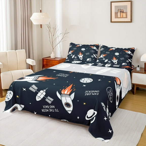 jejeloiu Cartoon Rocket Full Size Sheets,Galaxy Universe Bed Sheets,White Black Sheet Sets For Boys,Luxury Bedroom Decor,4pcs