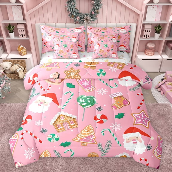 jejeloiu Cartoon Santa Claus 7-Piece Bedding Comforter Set,Xmas Gingerbread House King Bedding Sets,Colorful Christmas Candy Cane Bed Sheets For Girls Kids,Microfiber Bedroom Decor Reversible