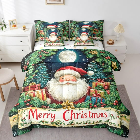 jejeloiu Cartoon Santa Claus Bedding Comforter Set 7-Piece,Merry Christmas King Bedding Sets,Xmas Tree Gifts Bed Sheets For Boys Kids,Ultra Soft Home Decor Reversible