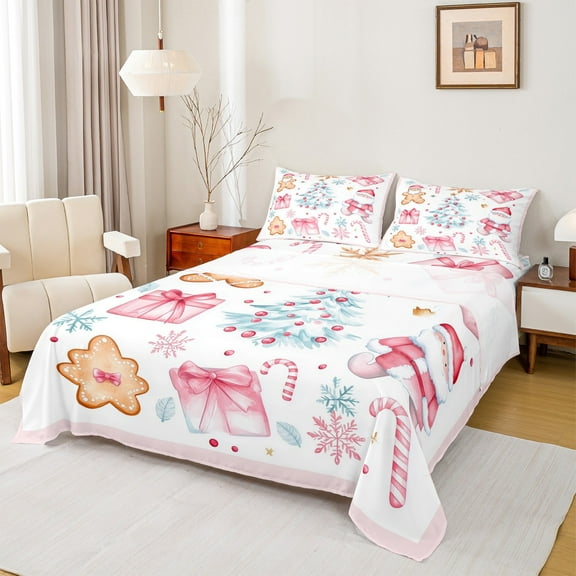 jejeloiu Cartoon Santa Claus Queen Sheet Sets,Chic Christmas Tree Flat Sheet,Sweet Xmas Cookie Queen Fitted Sheet For Teens,Ultra Soft Home Decor,4pcs