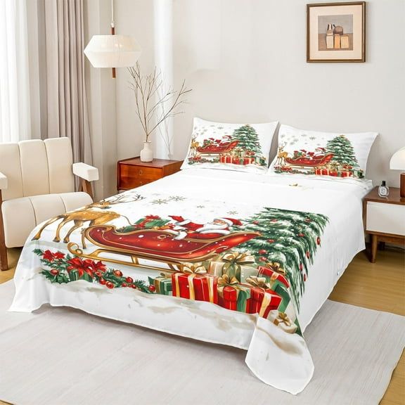 jejeloiu Cartoon Santa Claus Twin Sheet Sets,Merry Christmas Tree Twin Fitted Sheet,Xmas Gifts Flat Sheet For Girls Boys,Ultra Soft Home Decor,3 Pieces