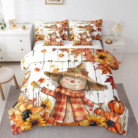jejeloiu Cartoon Scarecrow 7-Piece Twin Bedding Sets,Hello Fall Bedding Comforter Set,Rustic Sunflower Maples Sheet Sets For Girls Boys,Luxury Bedroom Decor Reversible