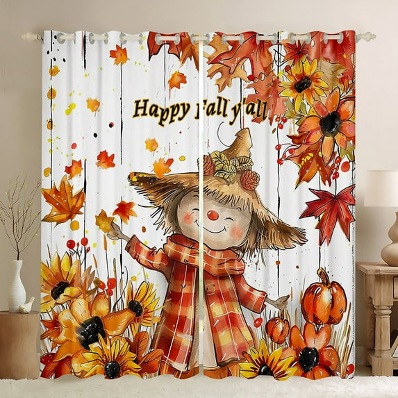 jejeloiu Cartoon Scarecrow Blackout Curtains,Hello Fall Curtains Pack of 2 (38x45 Each),Rustic Sunflower Maples Window Curtains For Girls Boys,Luxury Bedroom Decor
