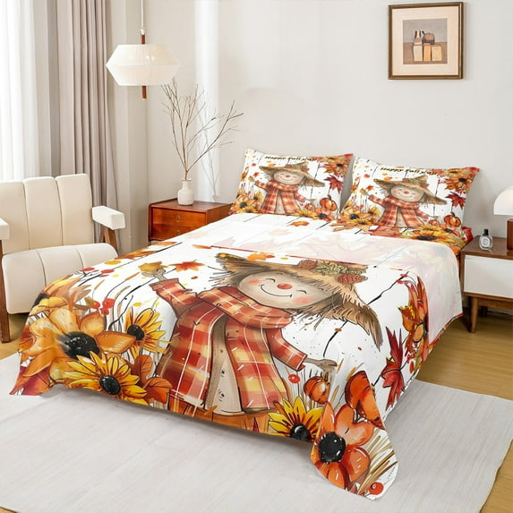 jejeloiu Cartoon Scarecrow Twin Sheet Sets,Hello Fall Twin Fitted Sheet,Rustic Sunflower Maples Flat Sheet For Girls Boys,Luxury Bedroom Decor,3pcs