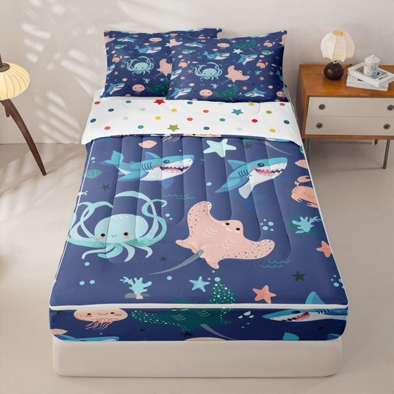 jejeloiu Cartoon Sea Animals Zipper Full Size Comforter Sets with Fitted Sheet and 2 Pillowcases For Girls,Shark Octopus Pattern Zipper Bedding Set,Blue Navy,Polkadot Reversible,4-Piece