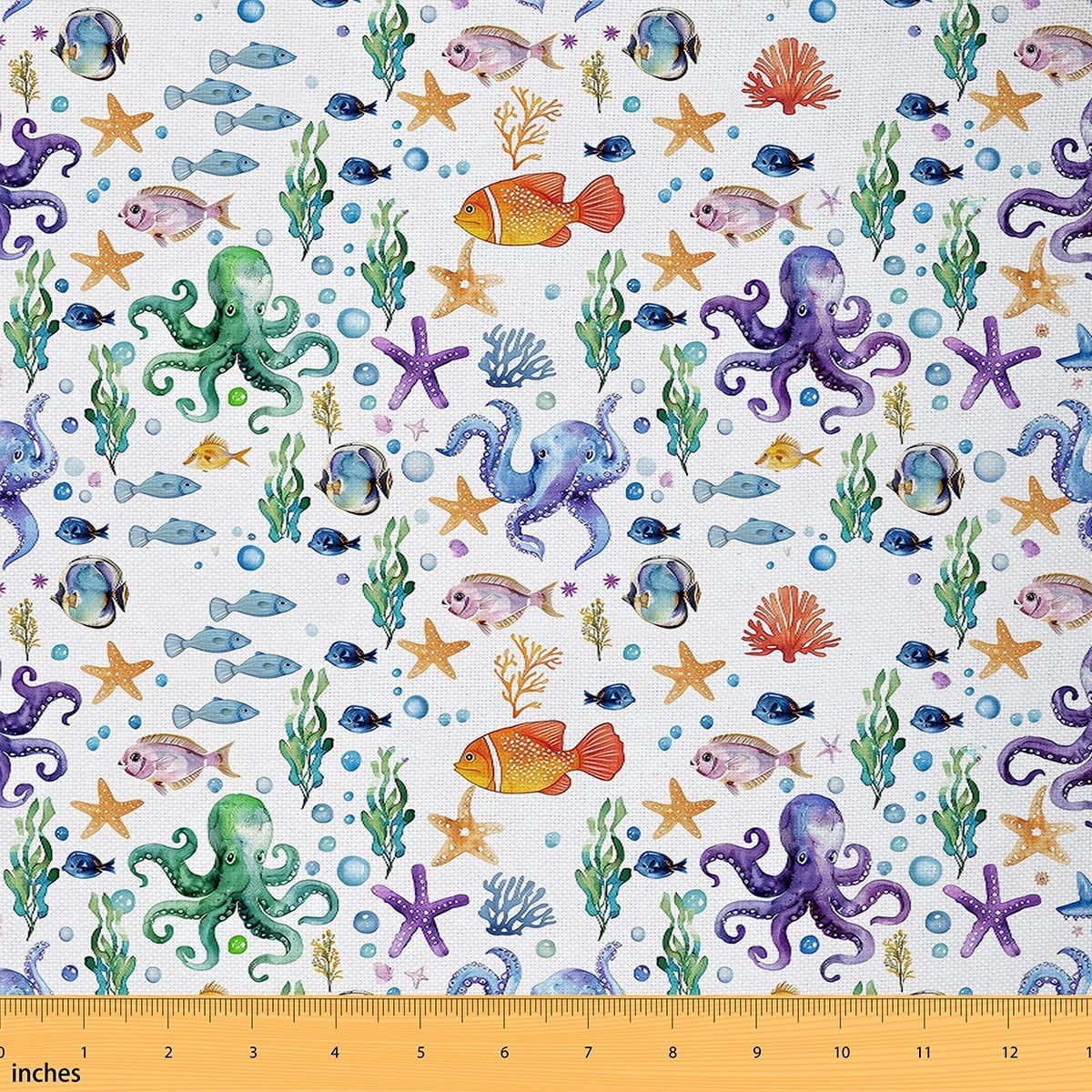jejeloiu Cartoon Sealife Fabric by the Yard 3 Yards, Octopus Fish Starfish Sewing Fabric, Seaweed Coral Conch Fabric for Sewing, Microfiber Bedroom Decor