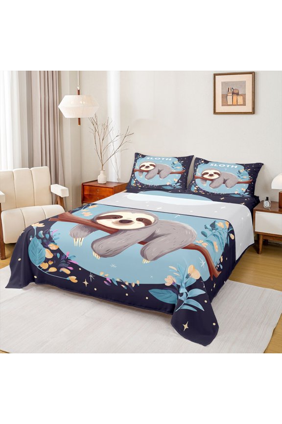 Cartoon Sloth Bed Sheets,Retro Rustic Flower King Sheets,Gray Blue Sheet Set For Girls Boys,Ultra Soft Home Decor,4-Piece