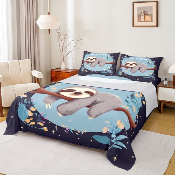 jejeloiu Cartoon Sloth Twin Sheet Sets,Retro Rustic Flower Twin Fitted Sheet,Gray Blue Flat Sheet For Girls Boys,Ultra Soft Home Decor,3-Piece