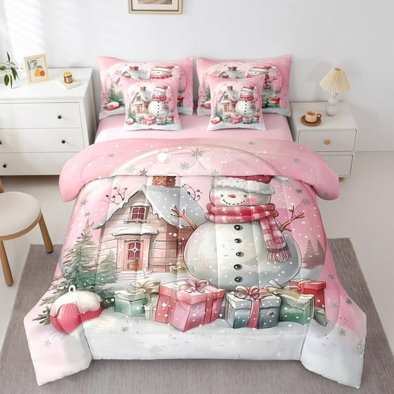 jejeloiu Cartoon Snowmen Bedding Comforter Set 7-Piece,Xmas Gifts King Bedding Sets,Merry Christmas Bed Sheets For Teens,Ultra Soft Home Decor Reversible