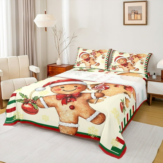 jejeloiu Cartoon Snowmen Cookie Full Size Sheets,Merry Xmas Bed Sheets,Red Christmas Ball Sheet Sets For Boy Kids,Microfiber Bedroom Decor,4-Piece