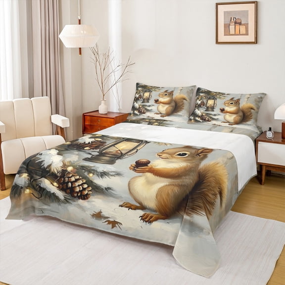 jejeloiu Cartoon Squirrel Full Size Sheets,Wild Pine Cone Bed Sheets,Merry Christmas Sheet Sets For Teens,Ultra Soft Home Decor,4 Pieces