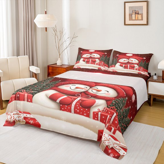 jejeloiu Cartoon Ssnowmen Bed Sheets,Red White Gifts King Sheets,Merry Christmas Sheet Set For Teens,Ultra Soft Home Decor,4-Piece
