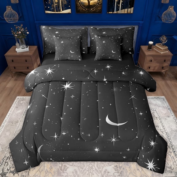 jejeloiu Cartoon Stars Moon 7-Piece Bedding Comforter Set,Galaxy Strayy Sky King Bedding Sets,White Black Bed Sheets For Teens,Super Cozy Room Decor Reversible