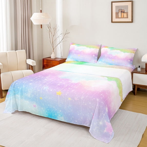 jejeloiu Cartoon Stars Print Full Size Sheets,Rainbow Galaxy Starry Sky Bed Sheets For Girls Teens 4pcs
