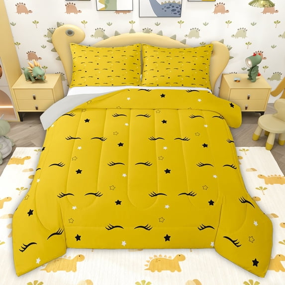 jejeloiu Cartoon Stars Print Queen Comforter Set,Yellow Black Bedding Comforter Set For Girls Kids Reversible 3-Piece