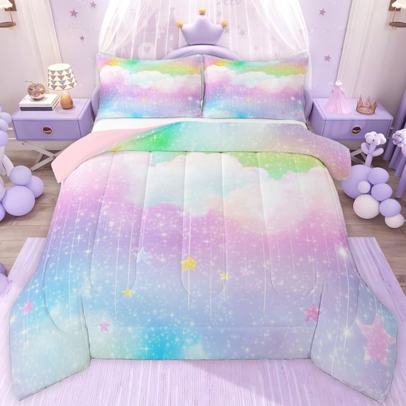 jejeloiu Cartoon Stars Print Twin Comforter Sets,Rainbow Galaxy Starry Sky Bedding Set For Girls Teens Reversible 2 Pieces