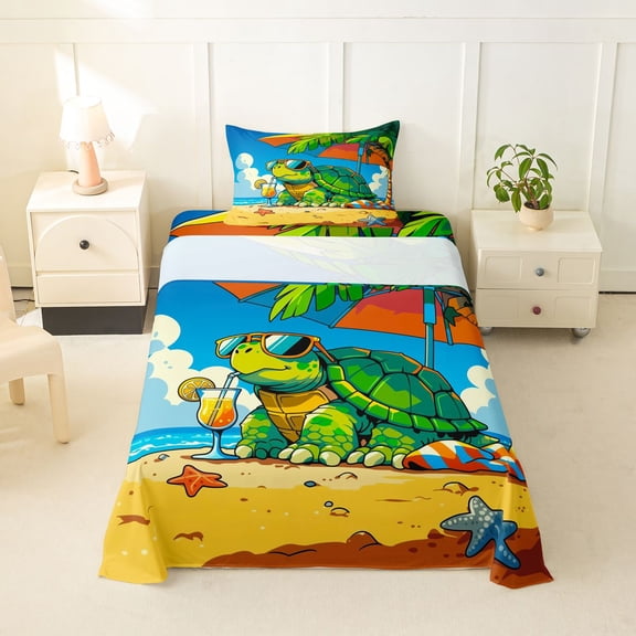 jejeloiu Cartoon Summer Turtle Twin Sheets,Sunglasses Beach Scene Bedding For Boys,Blue Yellow,3pcs,1 Fitted Sheet and 1 Pillowcase