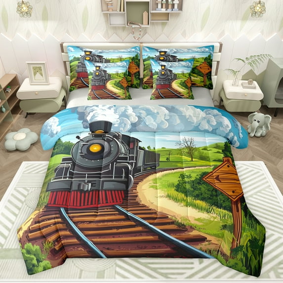 jejeloiu Cartoon Train 7-Piece Bedding Comforter Set,Railway Trck King Bedding Sets,Western Farmhouse Cabin Bed Sheets For Boys Teens,Luxury Bedroom Decor Reversible