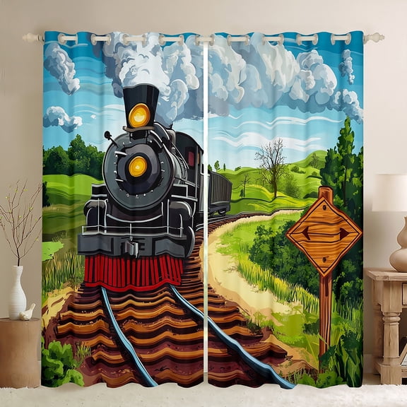 jejeloiu Cartoon Train Blackout Curtains Set of 2 (52x84 Each),Railway Trck Window Curtains,Western Farmhouse Cabin Curtains and Drapes For Boys Teens,Luxury Bedroom Decor