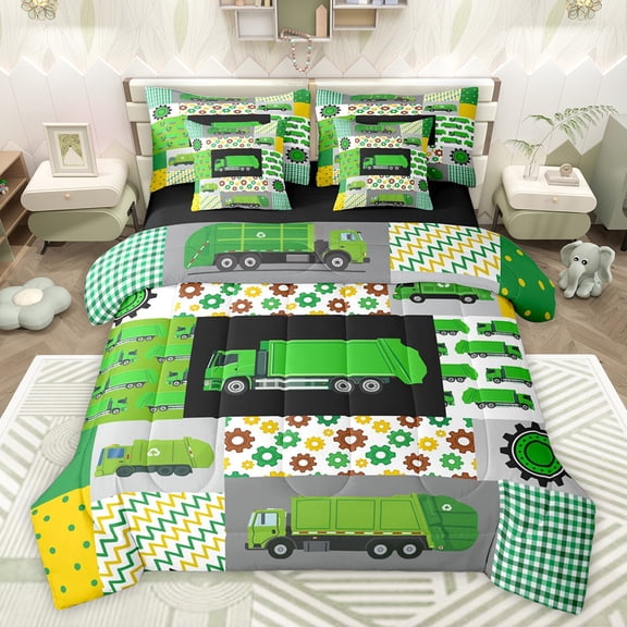 jejeloiu Cartoon Trash Car 7-Piece Bedding Comforter Set,Striped Plaid Dots King Bedding Sets,Modern Abstract Geometric Bed Sheets For Adults,Luxury Bedroom Decor Reversible