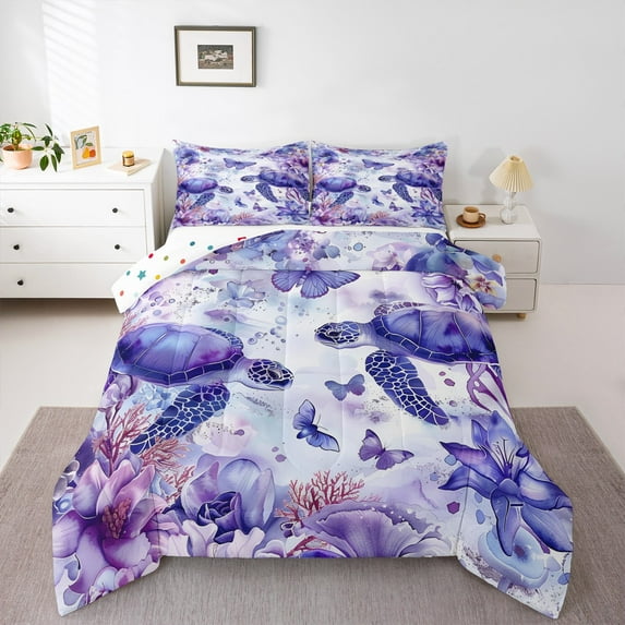 jejeloiu Cartoon Turtle Bedding Comforter Set,Wpurple Butterfly Coral Twin Comforter Sets,Watercolor Splashing Ink Bedding Set For Girls,Lightweight Bedroom Decoration Reversible,2 Pieces