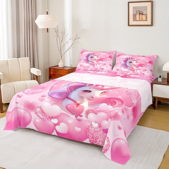 jejeloiu Cartoon Unicorn Bed Sheets,Magic Animal King Sheets,Pink White Sheet Set For Girls,Microfiber Bedroom Decorative,4 Pieces