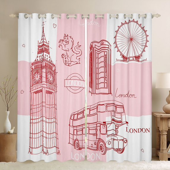 jejeloiu Cartoon Western Architecture Curtains Pack of 2 (42x84 Each),Pink Telephone Booth Curtains Blackout,Big Ben Bedroom Curtains For Girls Teens,Breathable Home Decor