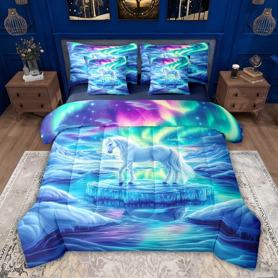 jejeloiu Cartoon White Horse 7 Pieces Bedding Comforter Set,Northern Lights Full Bedding Set For Girls Kids Reversible