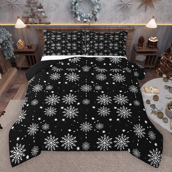 jejeloiu Cartoon Xmas Snowflake Queen Comforter Set,Merry Xmas Bedding Sets,White Cute Stars Print Bedding Comforter Set For Kids,Ultra Soft Home Decor Reversible,3-Piece