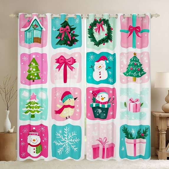 jejeloiu Cartoon Xmas Snowmen Black Out Curtains,Geometric Plaid Curtains Pack of 2 (42x63 Each),Christmas Gifts Bedroom Curtains For Girls Boys,Super Cozy Room Decor