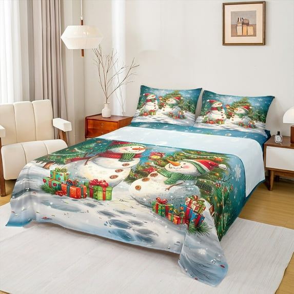 jejeloiu Cartoon Xmas Snowmen Full Size Sheets,Christmas Gifts Bed Sheets,Happy New Year Sheet Sets For Girls,Microfiber Bedroom Decor,4 Pieces