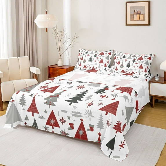 jejeloiu Cartoon Xmas Tree Bed Sheets,Merry Christmas King Sheets,Red Gray White Sheet Set For Girls Kids,Super Cozy Room Decor,4 Pieces
